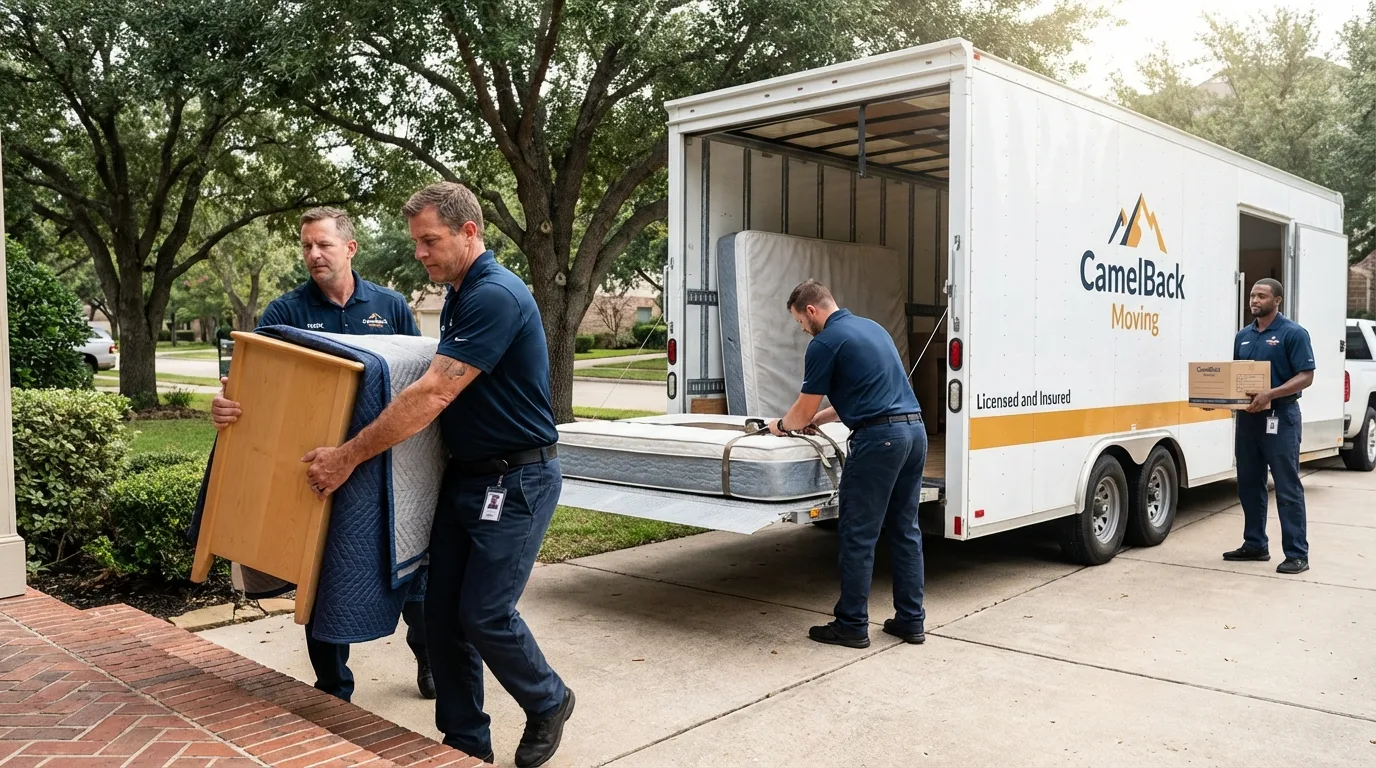 Crew loading residential truck for cross-state move from Shamrock, TX