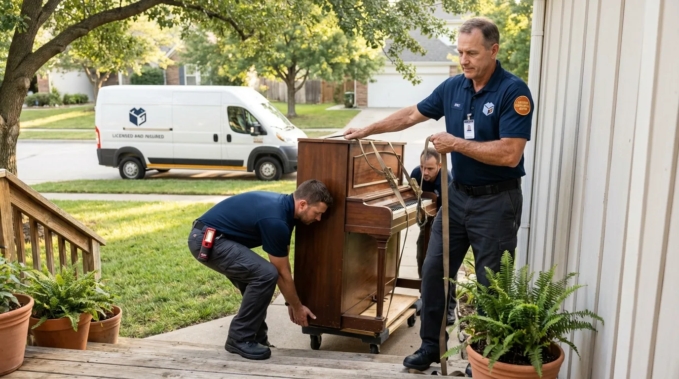 Licensed piano movers securing grand piano in Shamrock, TX