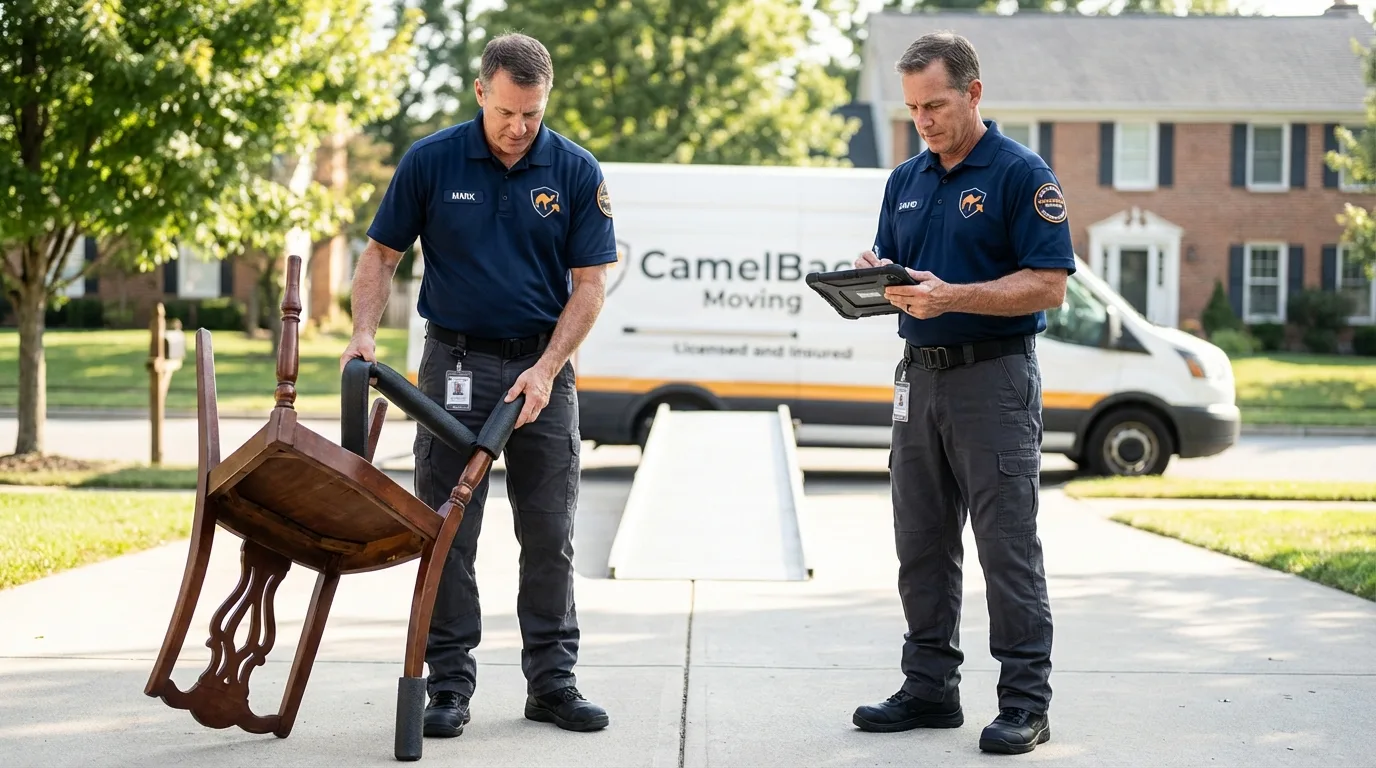 Movers inspecting furniture for damage prevention before loading in Shamrock, TX