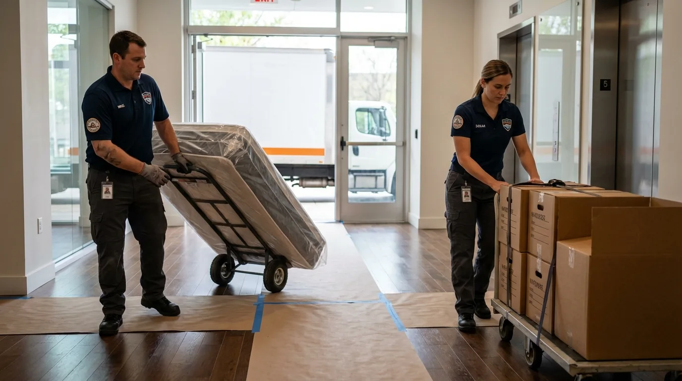 Professional apartment movers loading elevator in Shamrock, TX