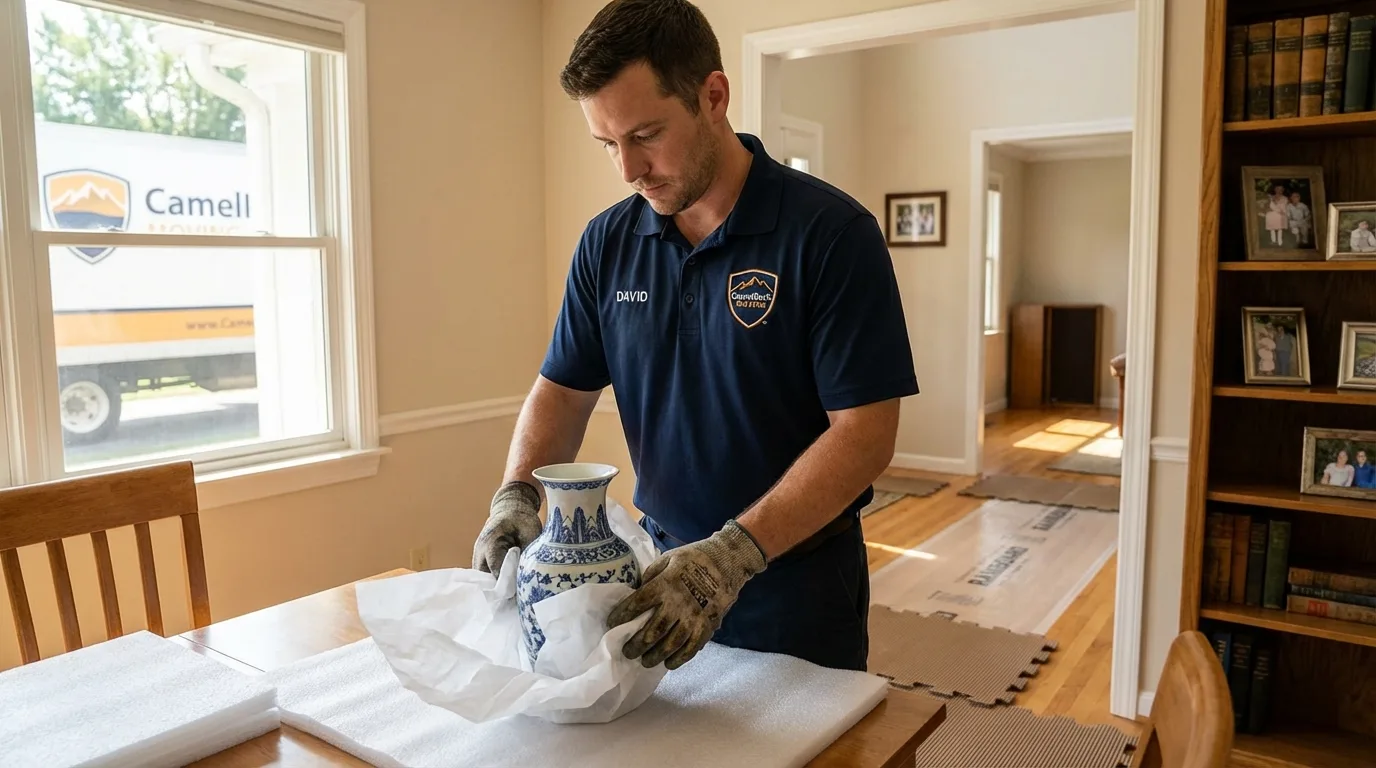 Professional crew carefully wrapping antique vase for senior downsizing move in Shamrock, TX